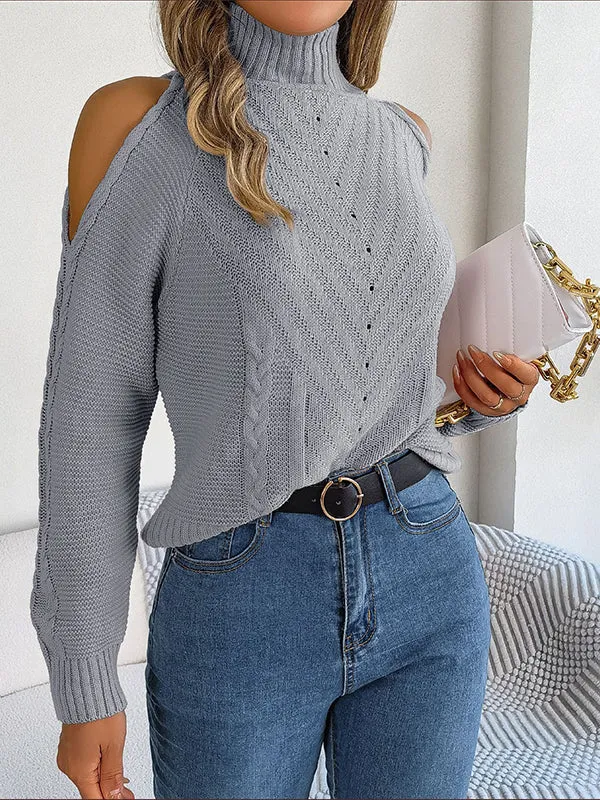 Long Sleeves Loose Solid Color Split-Joint Cold Shoulder Sweater Tops