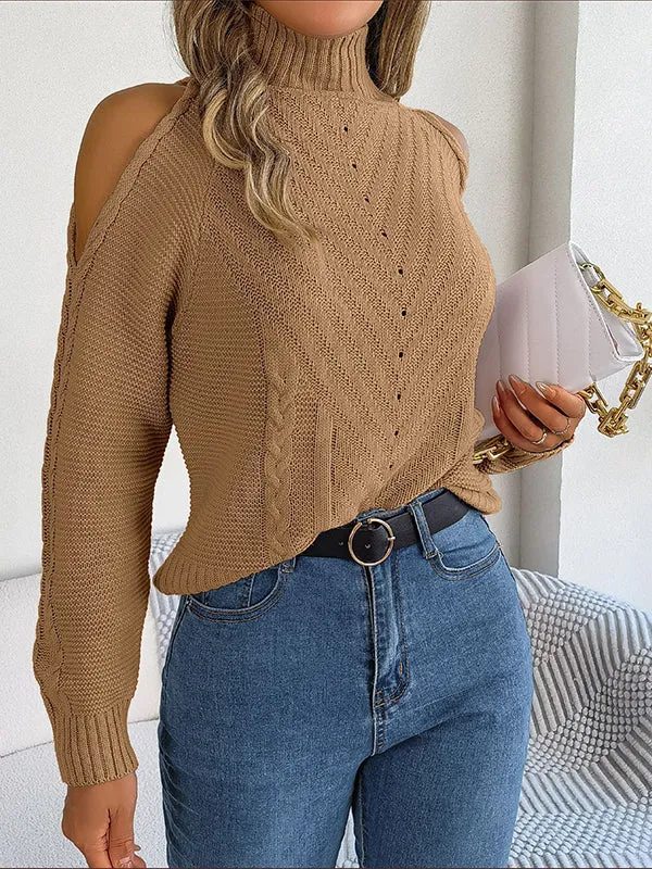 Long Sleeves Loose Solid Color Split-Joint Cold Shoulder Sweater Tops