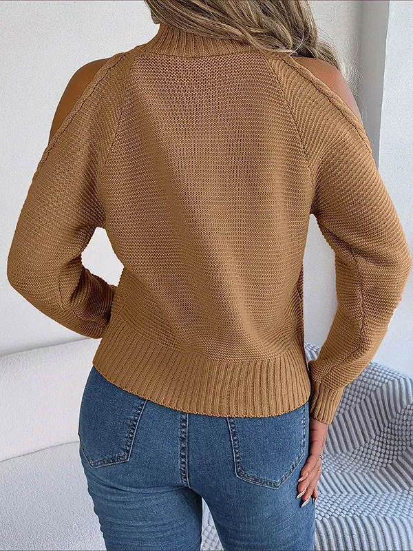 Long Sleeves Loose Solid Color Split-Joint Cold Shoulder Sweater Tops