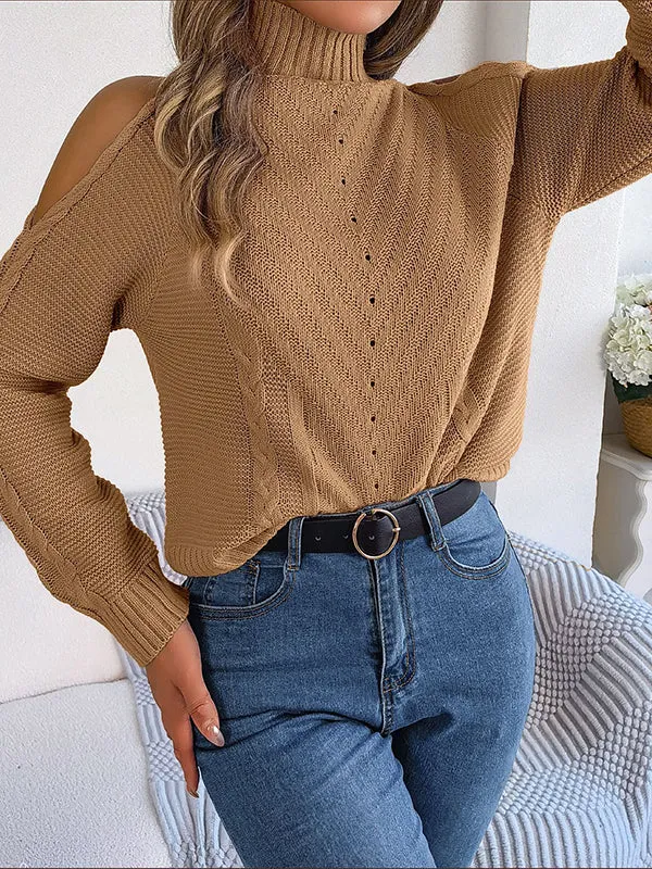 Long Sleeves Loose Solid Color Split-Joint Cold Shoulder Sweater Tops