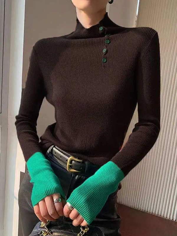 Long Sleeves Skinny Contrast Color Split-Joint High Neck Sweater Tops