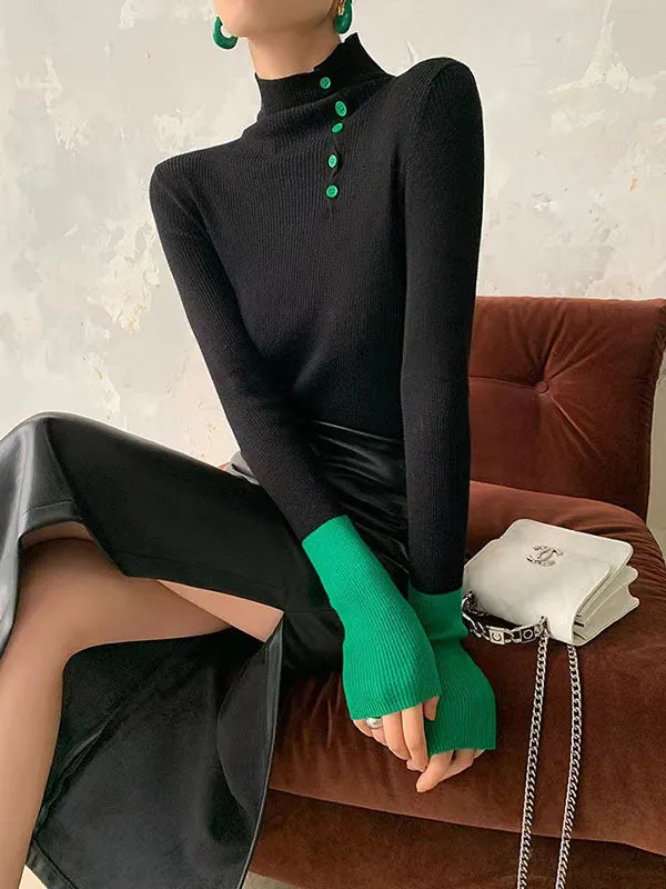 Long Sleeves Skinny Contrast Color Split-Joint High Neck Sweater Tops