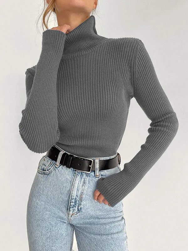 Long Sleeves Skinny Solid Color High Neck Pullovers Sweater Tops