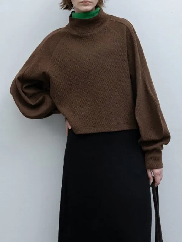 Loose Puff Sleeves Solid Color Split-Joint High Neck Sweatshirt Tops