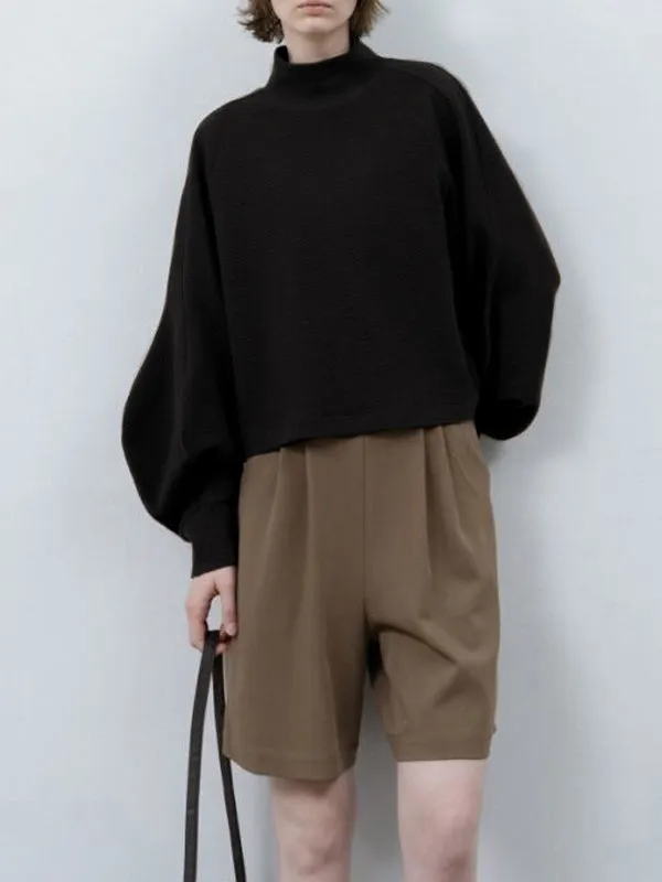 Loose Puff Sleeves Solid Color Split-Joint High Neck Sweatshirt Tops