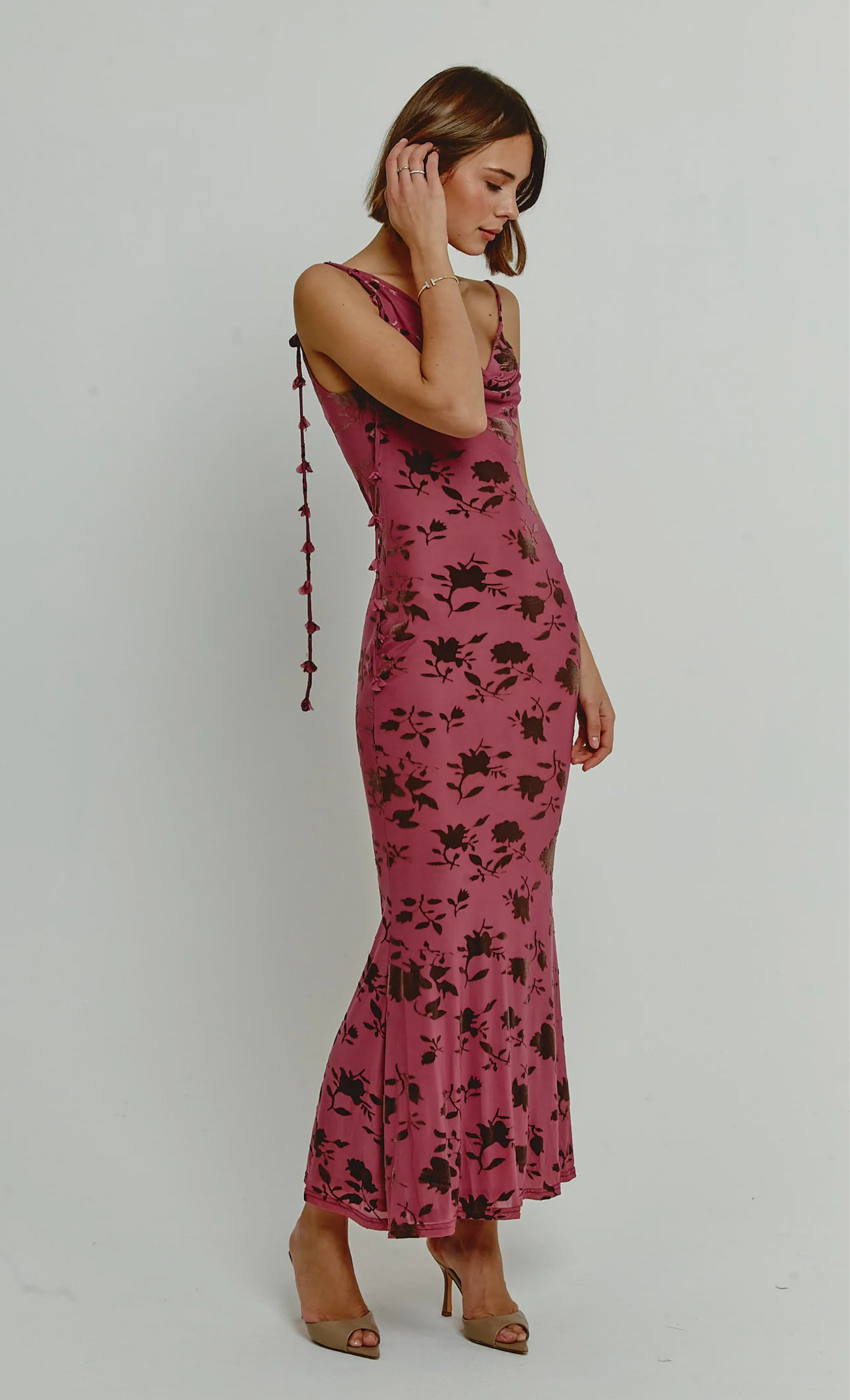 Mauve Burnt Devore Asymmetric Maxi Dress