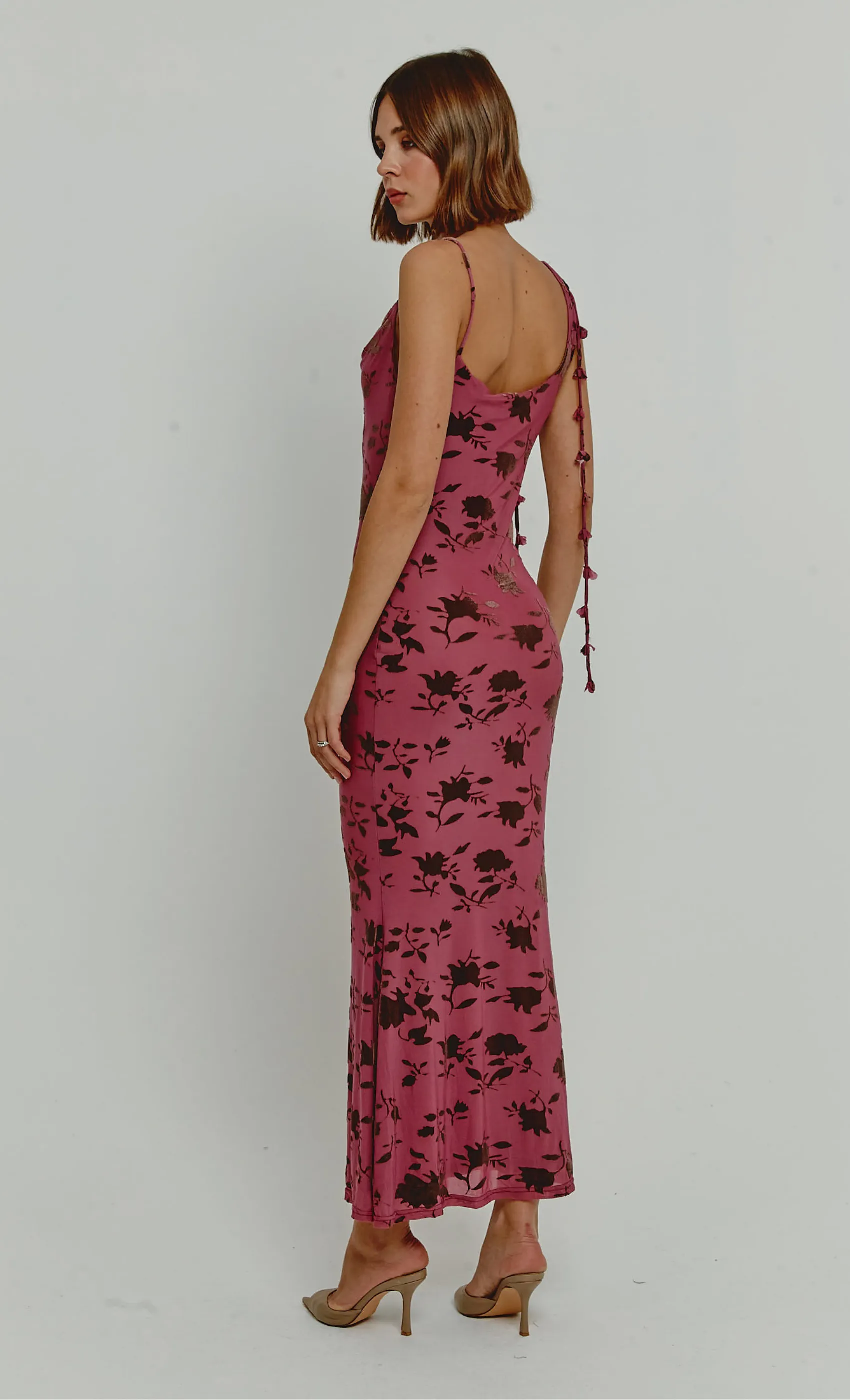 Mauve Burnt Devore Asymmetric Maxi Dress