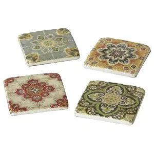 Medallion Vintage Artwork Stoneware Drink Coasters, Square 3.75-Inch, Decorative Kitchen And Coffee Table Accent