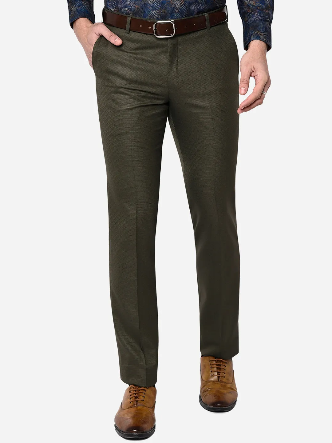 Olive Green Solid Slim Fit Formal Trouser | Greenfibre