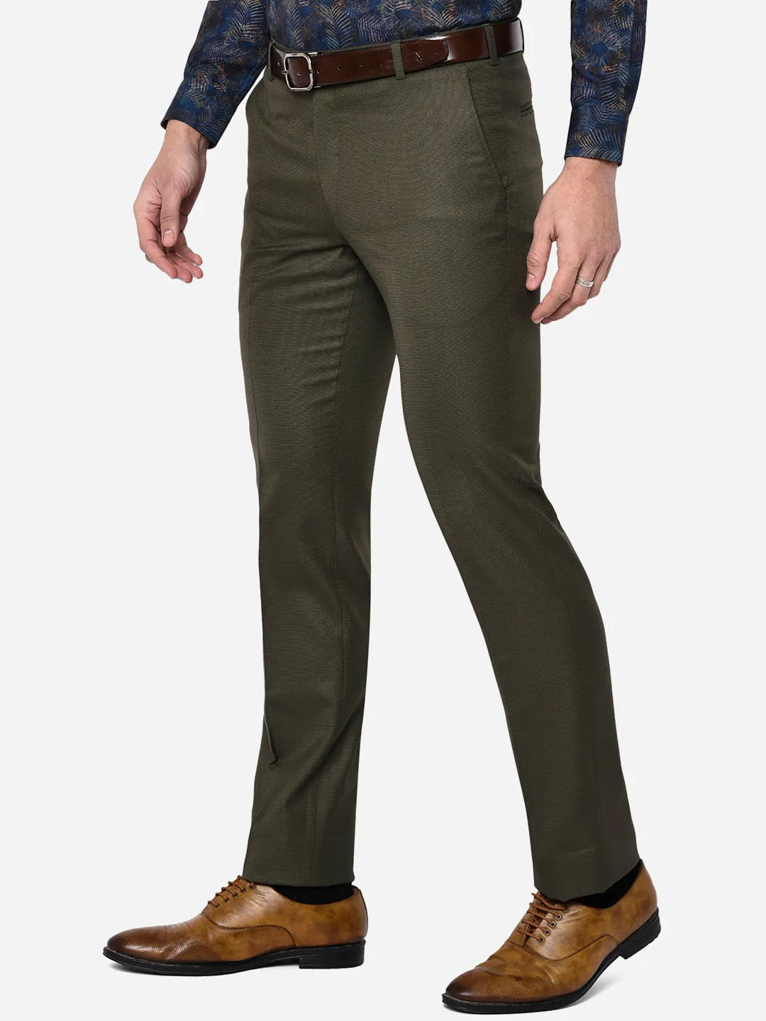 Olive Green Solid Slim Fit Formal Trouser | Greenfibre