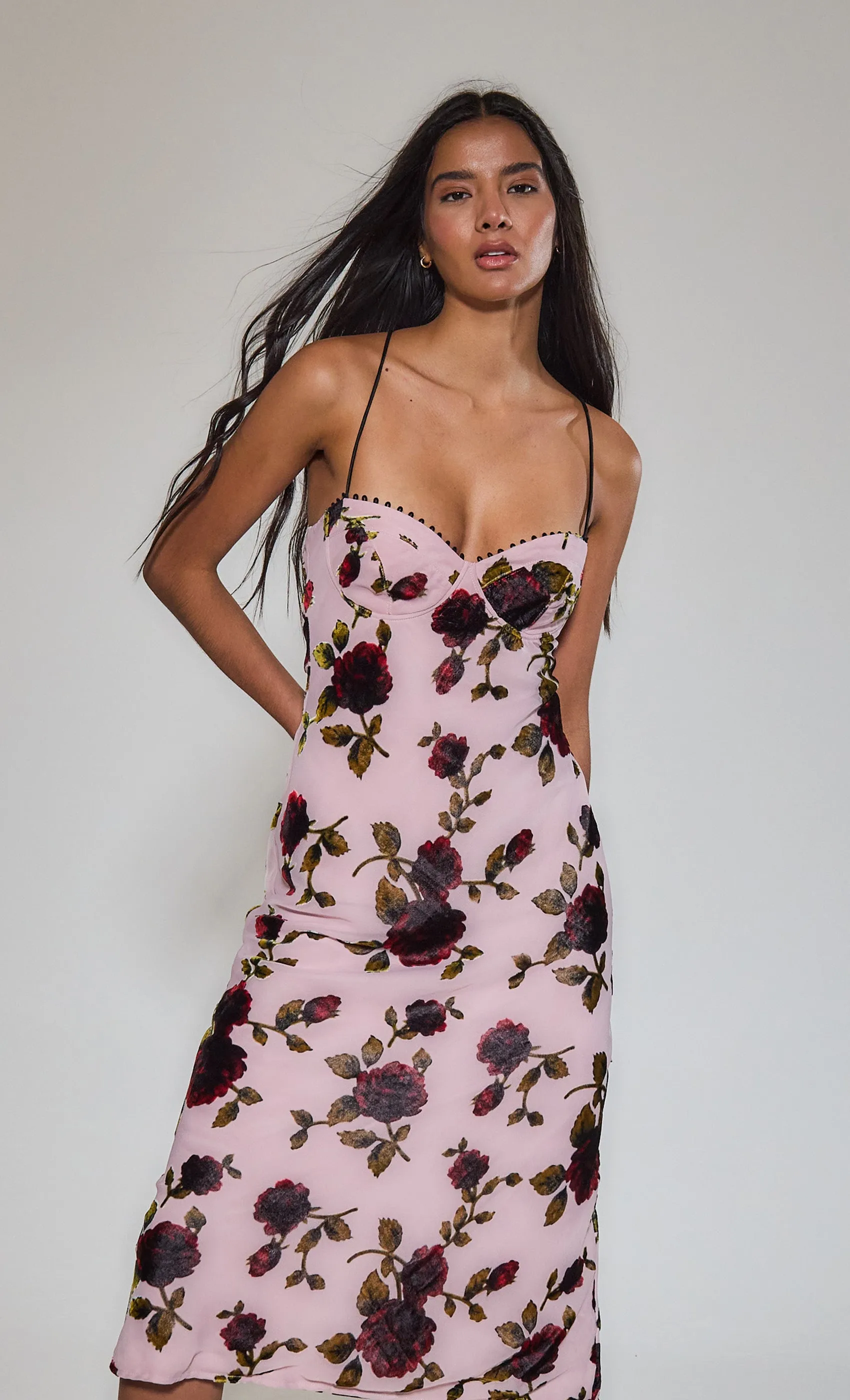 Pink Rose Devore Lace-Up Midi Dress