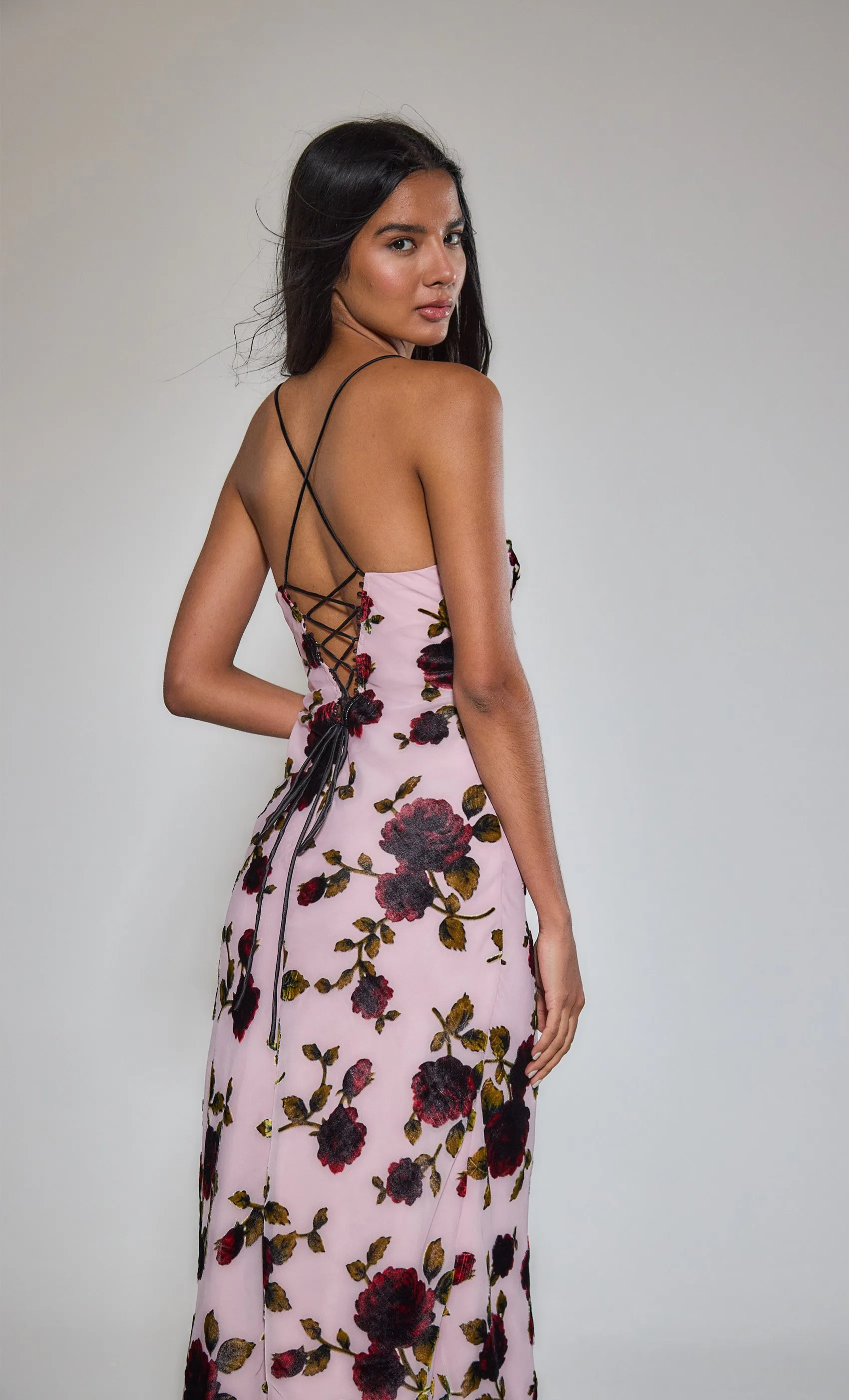 Pink Rose Devore Lace-Up Midi Dress