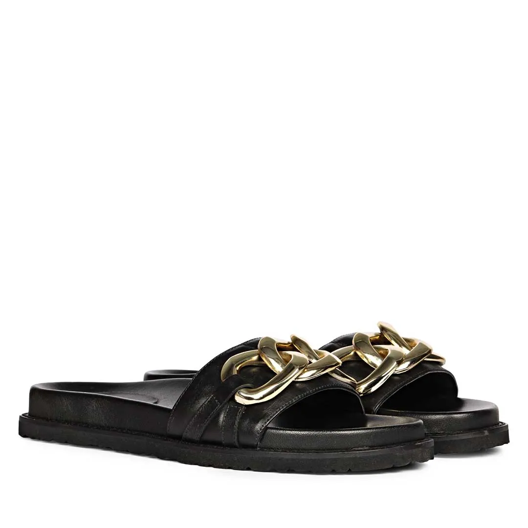 Saint Kiera Black Leather Flat Slides