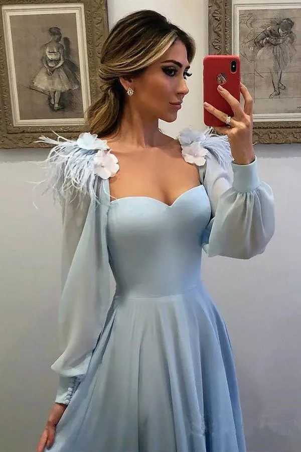 Sky Blue Long Chiffon Prom Dresses with Sleeves Formal Dresses PG803