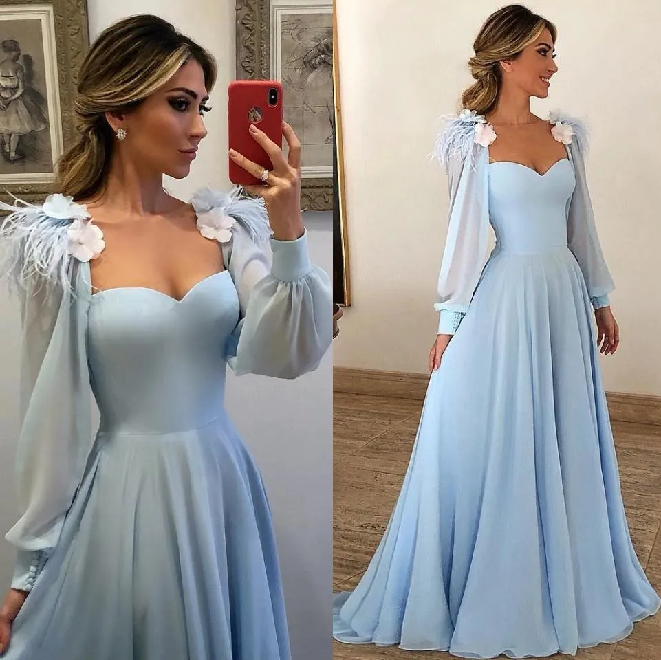 Sky Blue Long Chiffon Prom Dresses with Sleeves Formal Dresses PG803