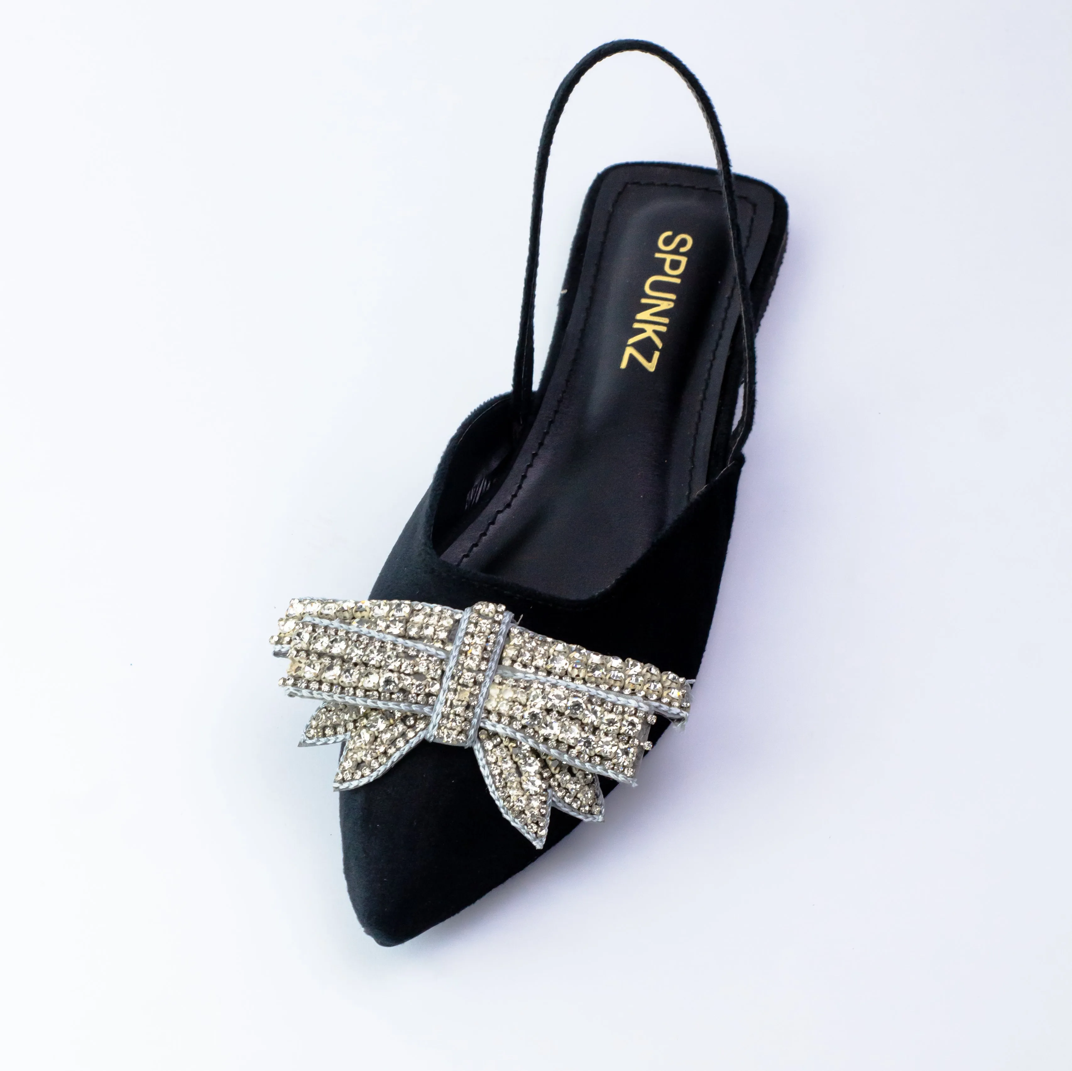 Spunkz Black Rhinestone Bow Decor Pointed Toe Slingback Shoes