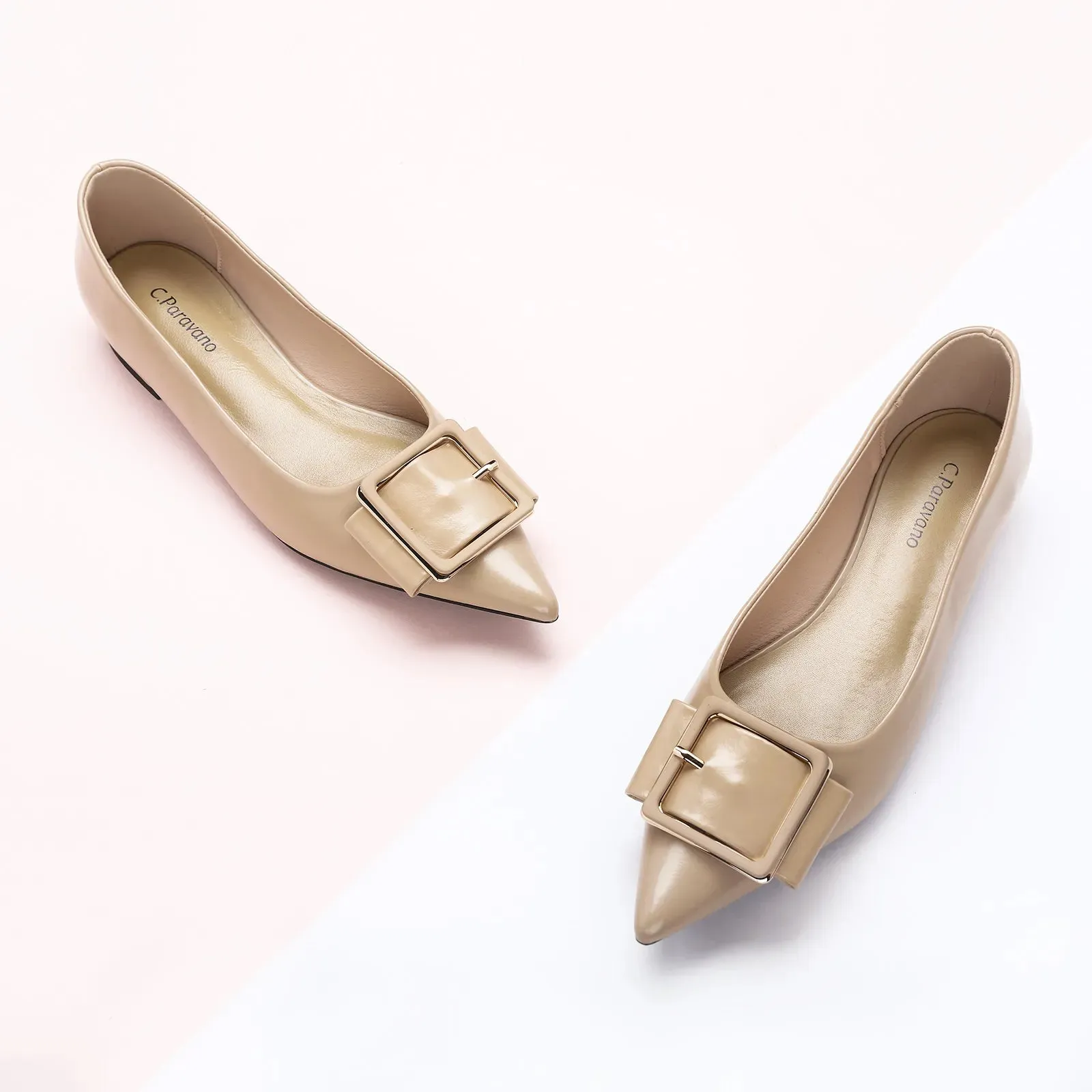 Square Buckle Flats (Aida) Beige