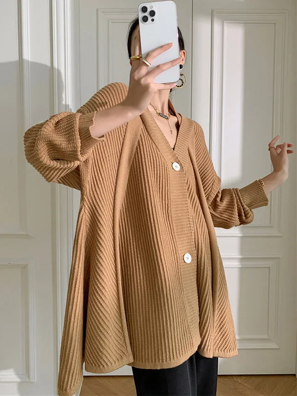 Stylish A-Line Long Sleeves Loose Solid Color V-Neck Cardigan Tops