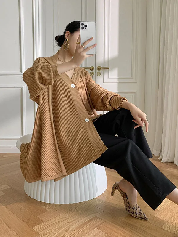 Stylish A-Line Long Sleeves Loose Solid Color V-Neck Cardigan Tops