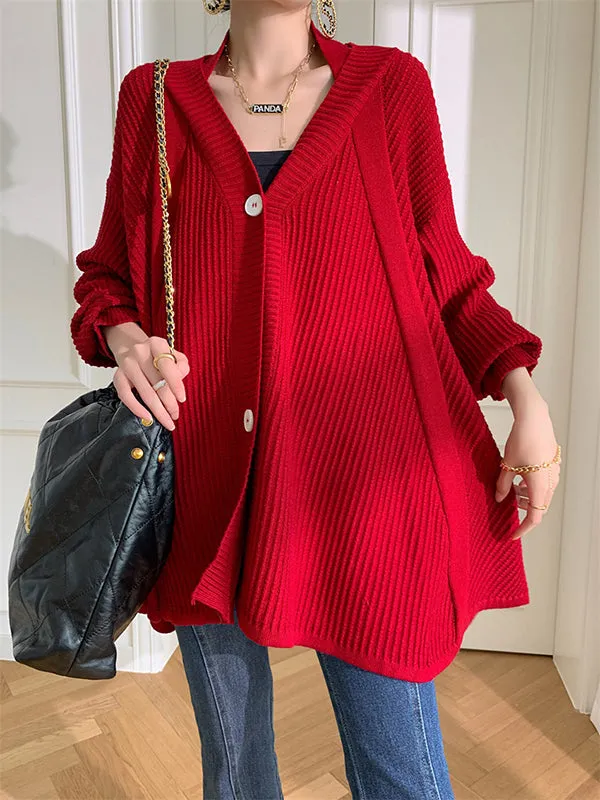 Stylish A-Line Long Sleeves Loose Solid Color V-Neck Cardigan Tops