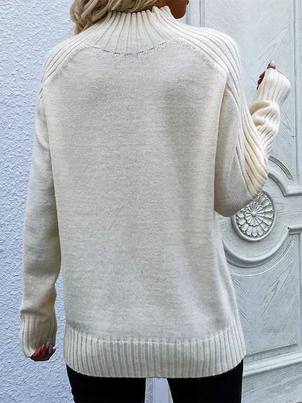 Stylish Long Sleeves Loose Solid Color High-Neck Sweater Tops