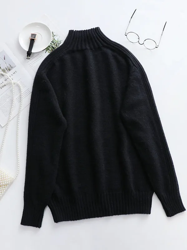 Stylish Long Sleeves Loose Solid Color High-Neck Sweater Tops