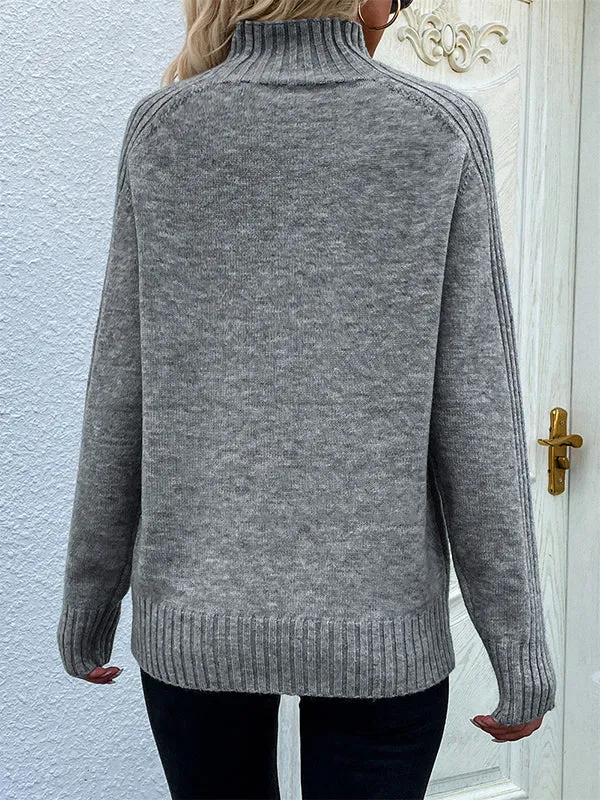 Stylish Long Sleeves Loose Solid Color High-Neck Sweater Tops