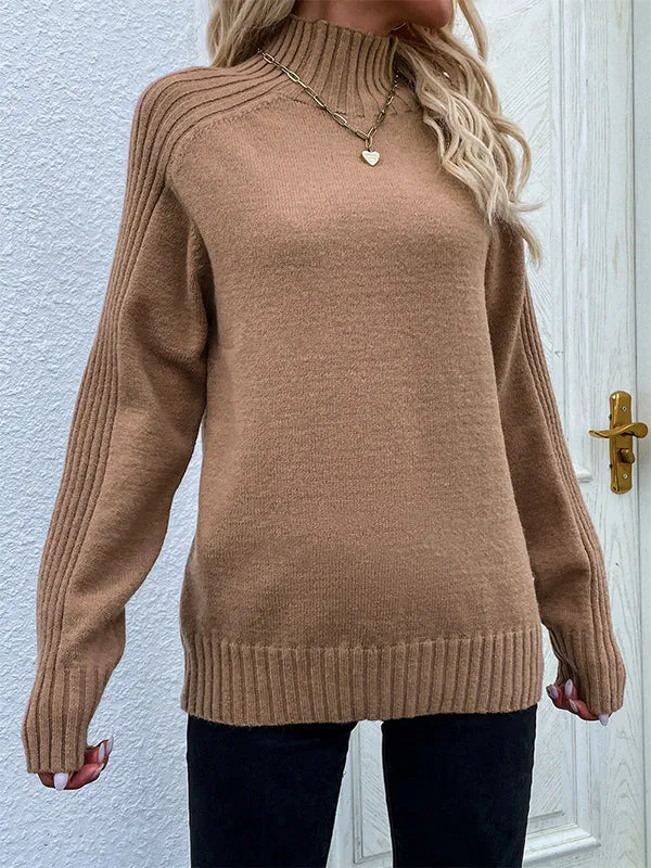 Stylish Long Sleeves Loose Solid Color High-Neck Sweater Tops