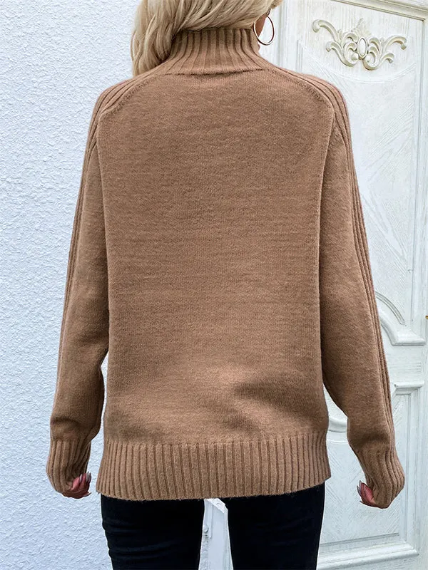 Stylish Long Sleeves Loose Solid Color High-Neck Sweater Tops