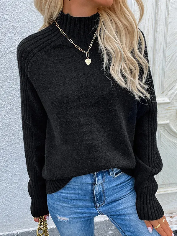 Stylish Long Sleeves Loose Solid Color High-Neck Sweater Tops