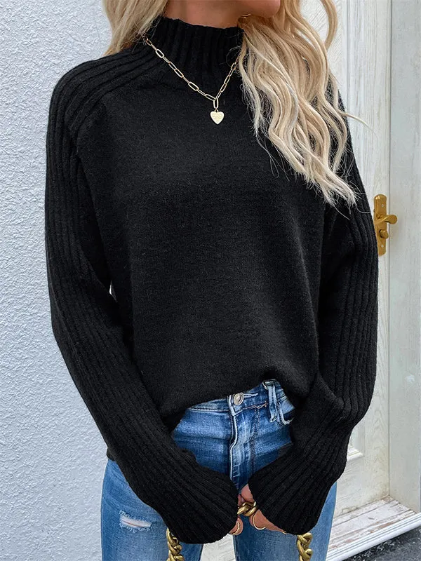 Stylish Long Sleeves Loose Solid Color High-Neck Sweater Tops