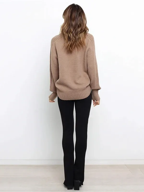 Stylish Long Sleeves Loose Solid Color High-Neck Sweater Tops