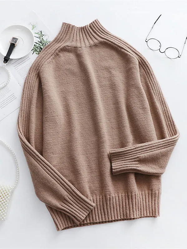 Stylish Long Sleeves Loose Solid Color High-Neck Sweater Tops