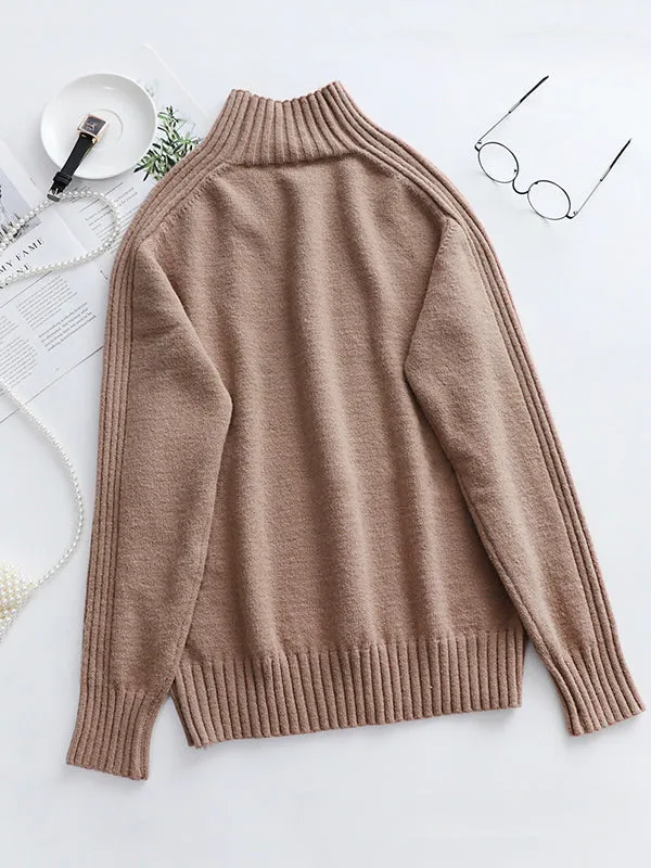 Stylish Long Sleeves Loose Solid Color High-Neck Sweater Tops