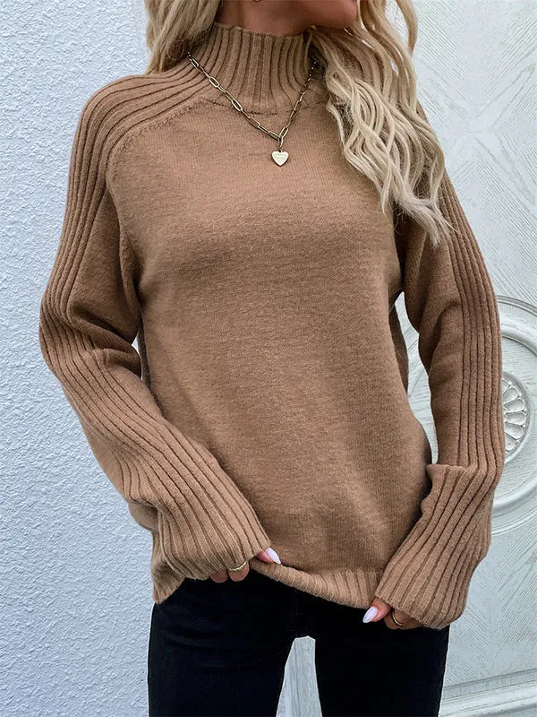 Stylish Long Sleeves Loose Solid Color High-Neck Sweater Tops