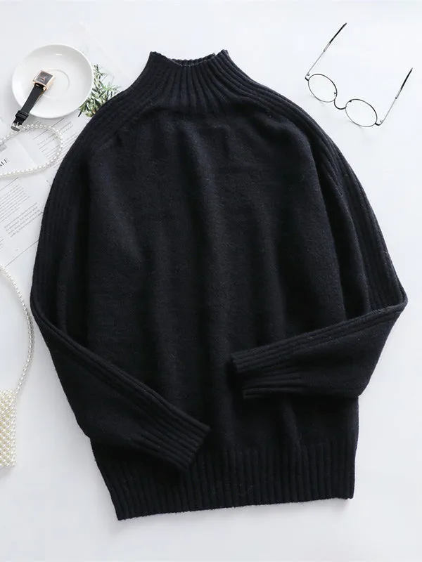 Stylish Long Sleeves Loose Solid Color High-Neck Sweater Tops