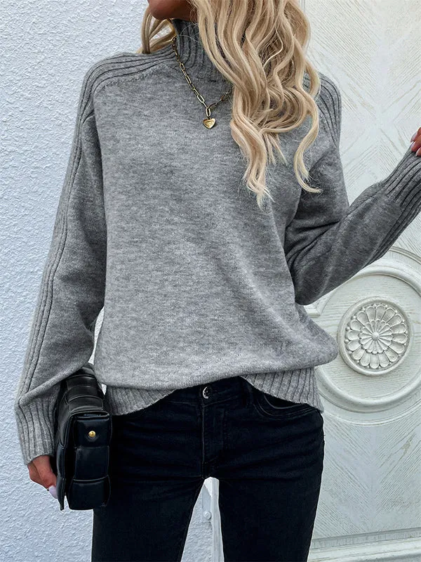 Stylish Long Sleeves Loose Solid Color High-Neck Sweater Tops