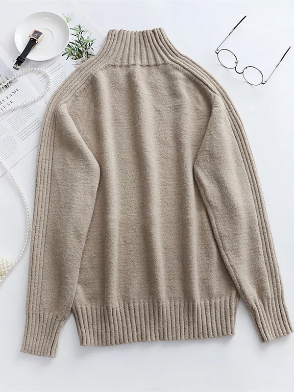 Stylish Long Sleeves Loose Solid Color High-Neck Sweater Tops