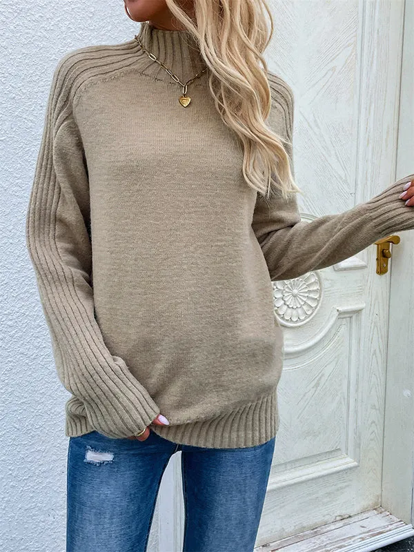 Stylish Long Sleeves Loose Solid Color High-Neck Sweater Tops