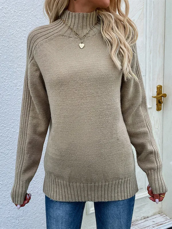 Stylish Long Sleeves Loose Solid Color High-Neck Sweater Tops