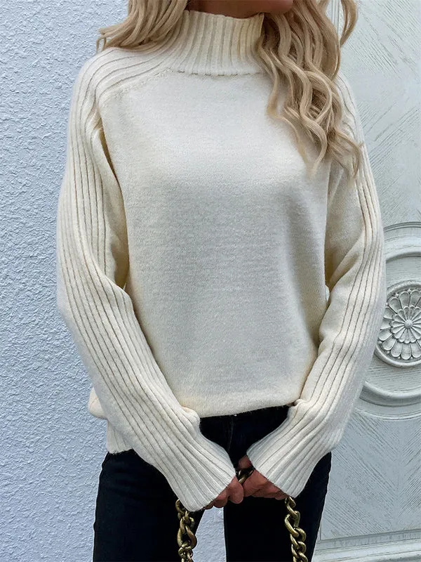 Stylish Long Sleeves Loose Solid Color High-Neck Sweater Tops