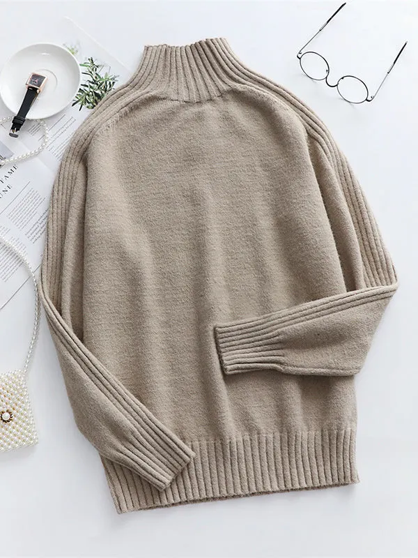 Stylish Long Sleeves Loose Solid Color High-Neck Sweater Tops