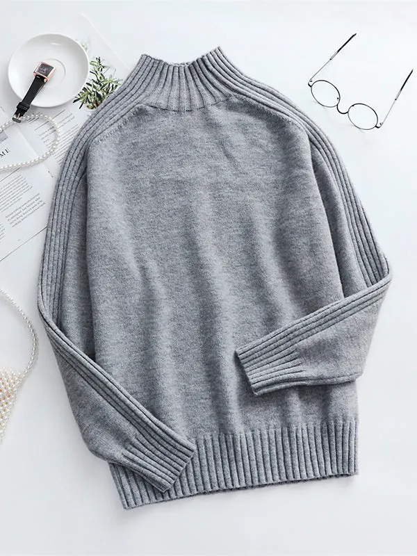 Stylish Long Sleeves Loose Solid Color High-Neck Sweater Tops