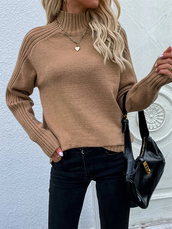 Stylish Long Sleeves Loose Solid Color High-Neck Sweater Tops