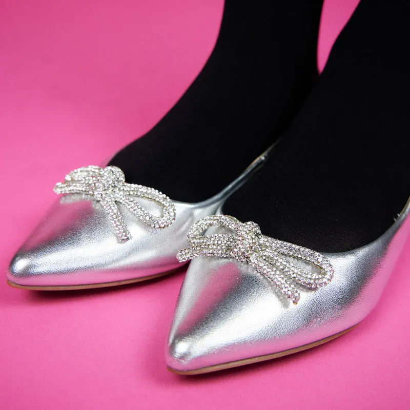 Vivienne Crystal Bow Flats in Silver Leather