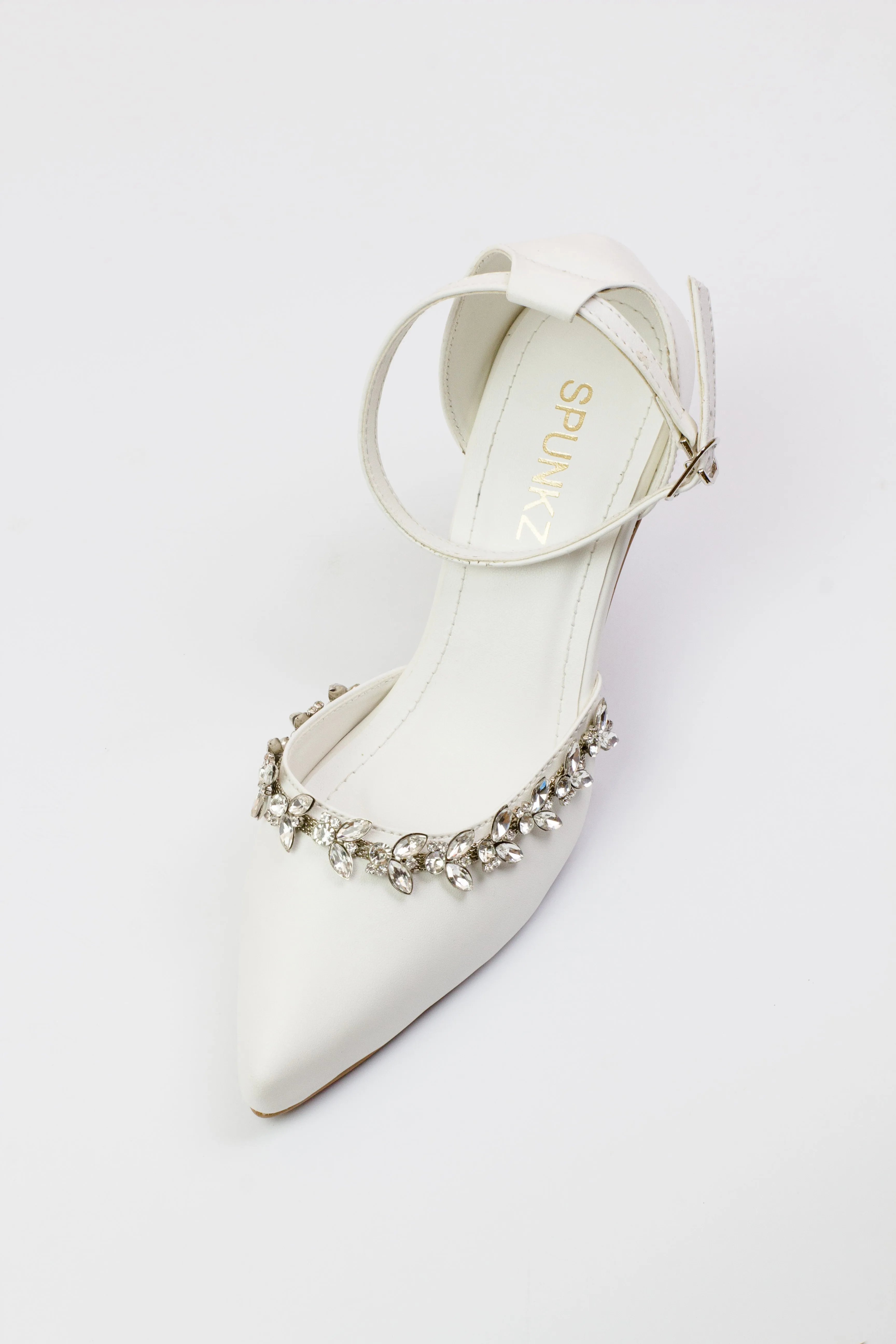 White Petal Flowers Studded Pointed Toe Ankle Strap Leather Heels