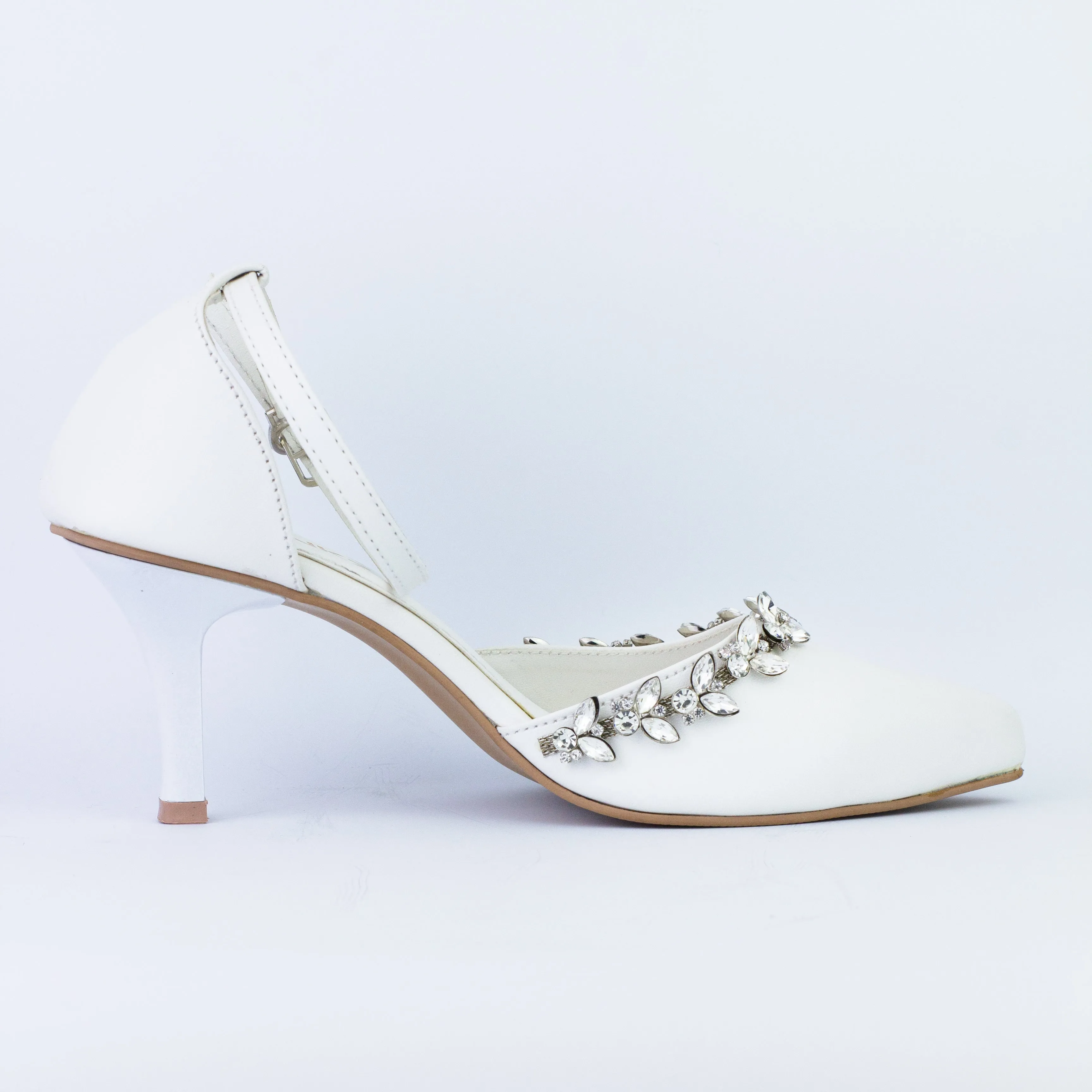 White Petal Flowers Studded Pointed Toe Ankle Strap Leather Heels