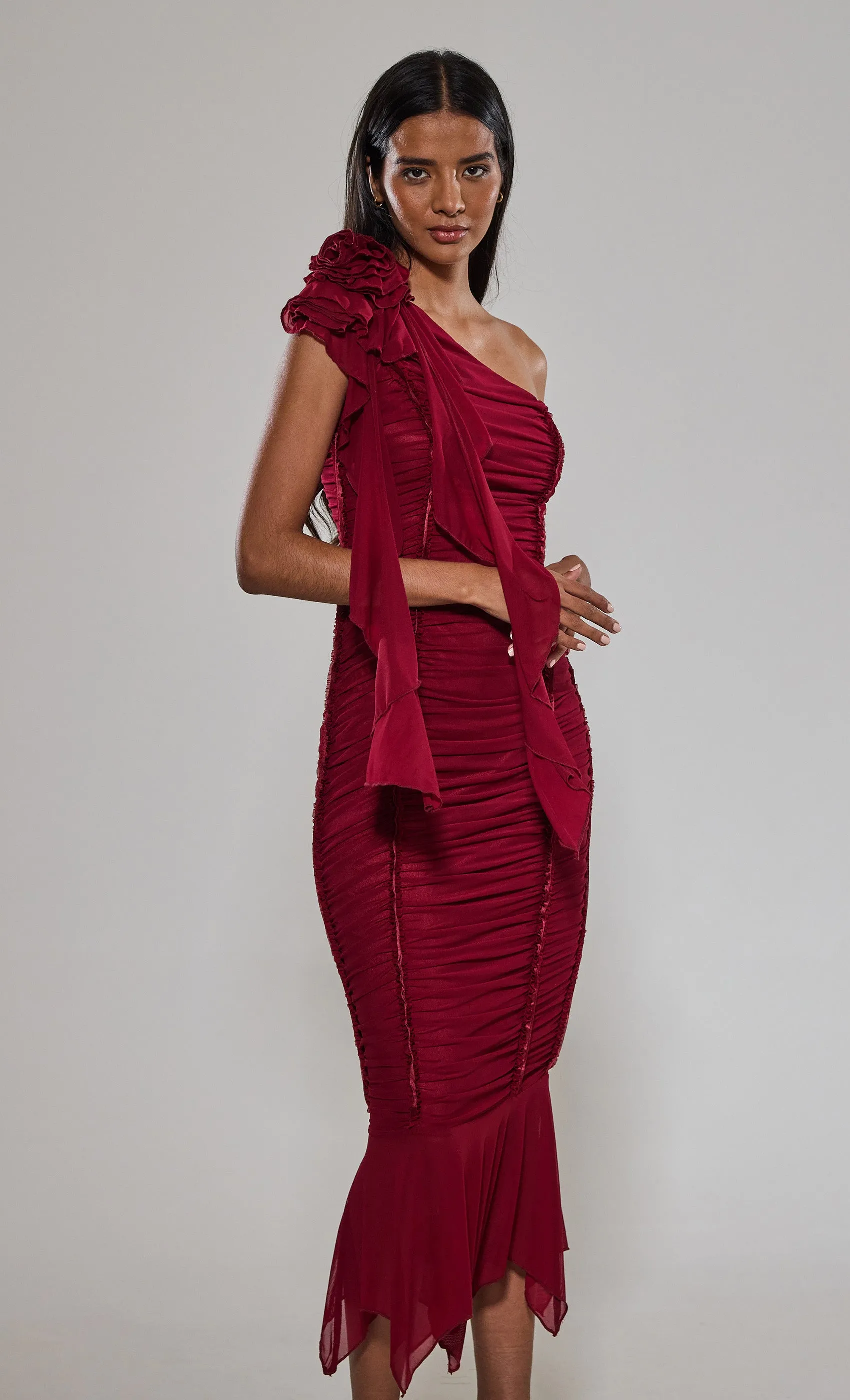 Wine One Shoulder Corsage Dress