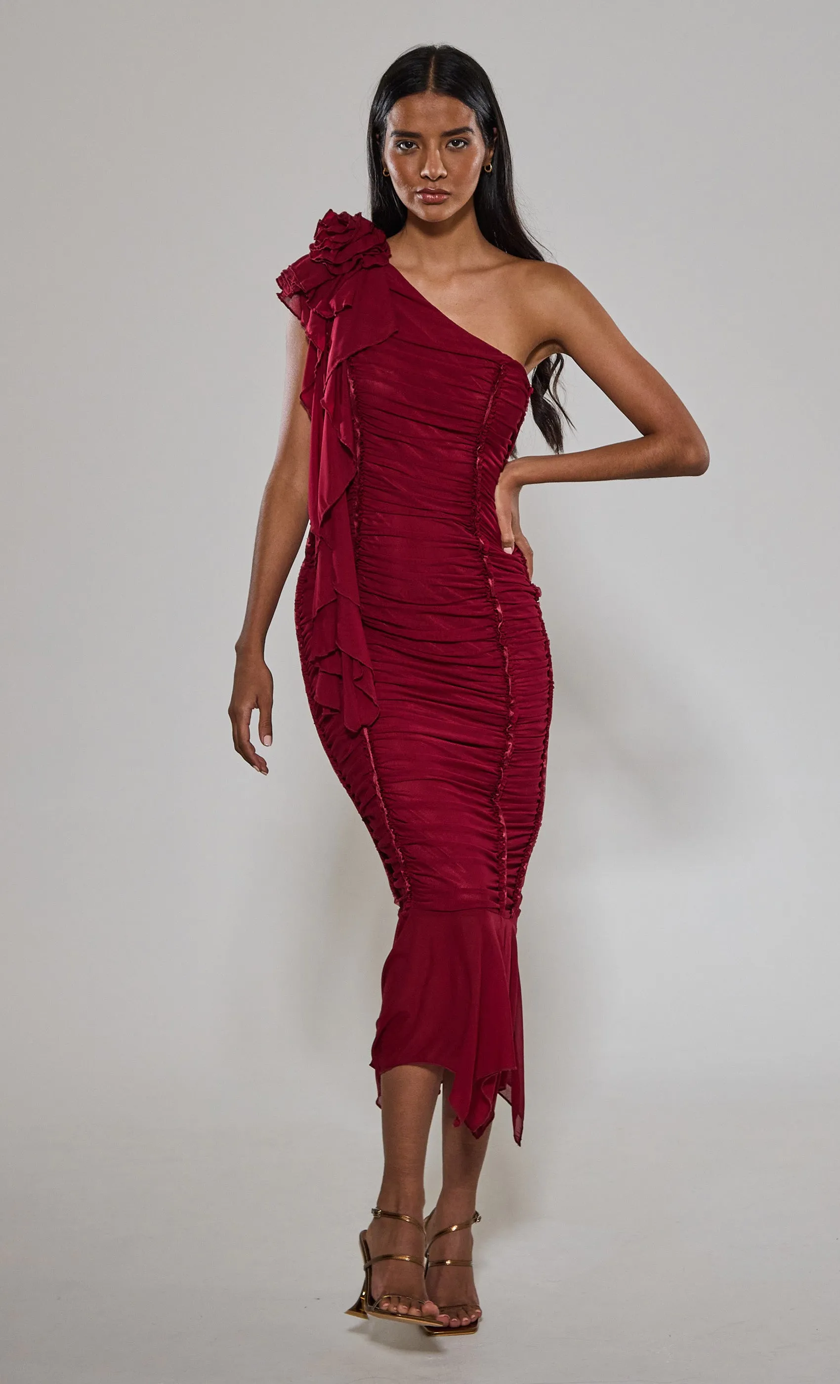 Wine One Shoulder Corsage Dress