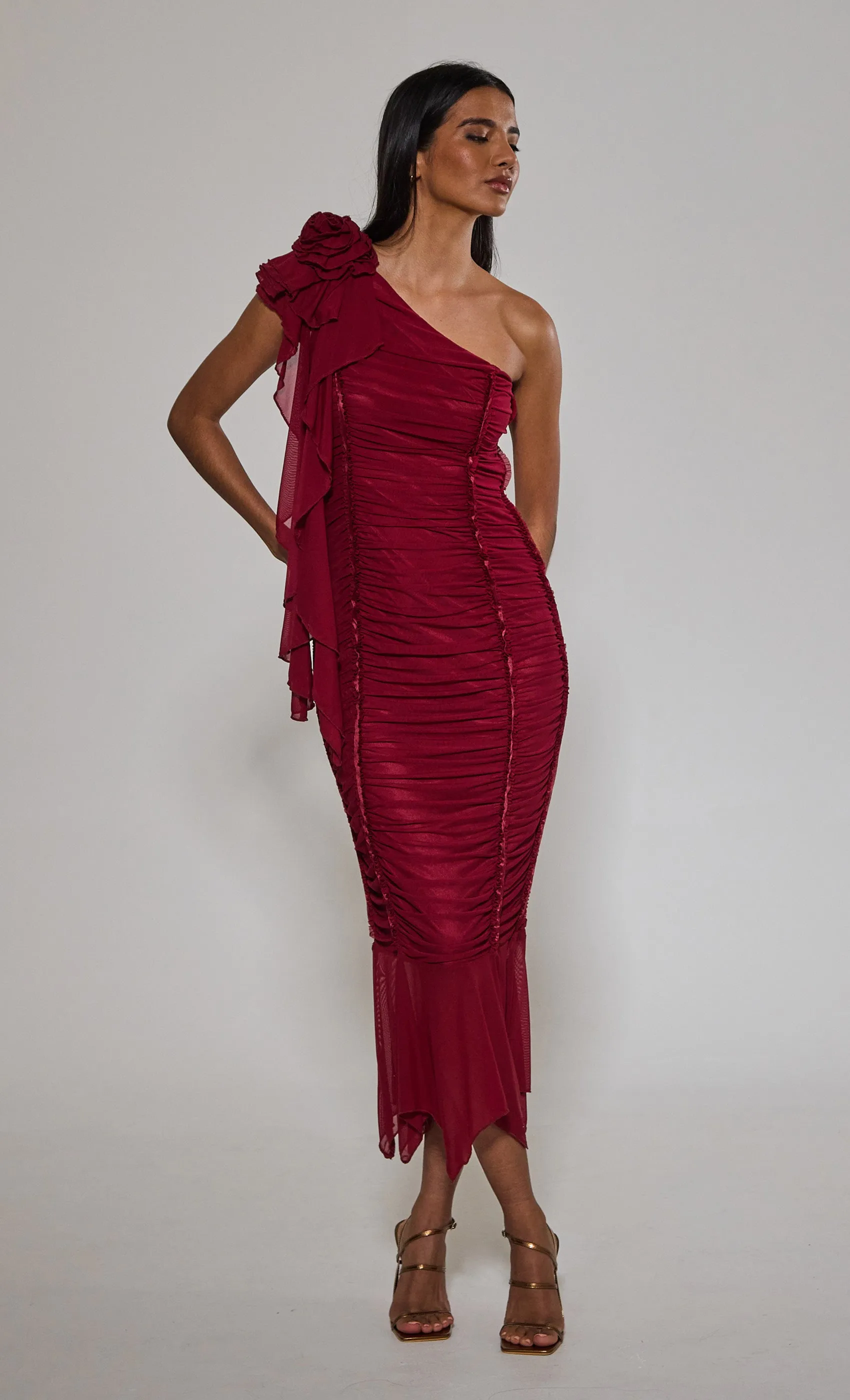 Wine One Shoulder Corsage Dress